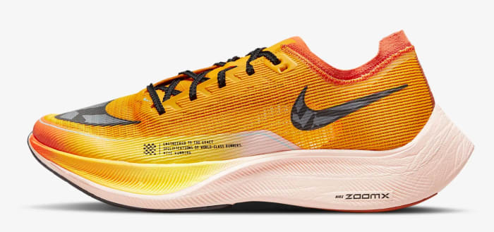 Orange Nike running shoe.